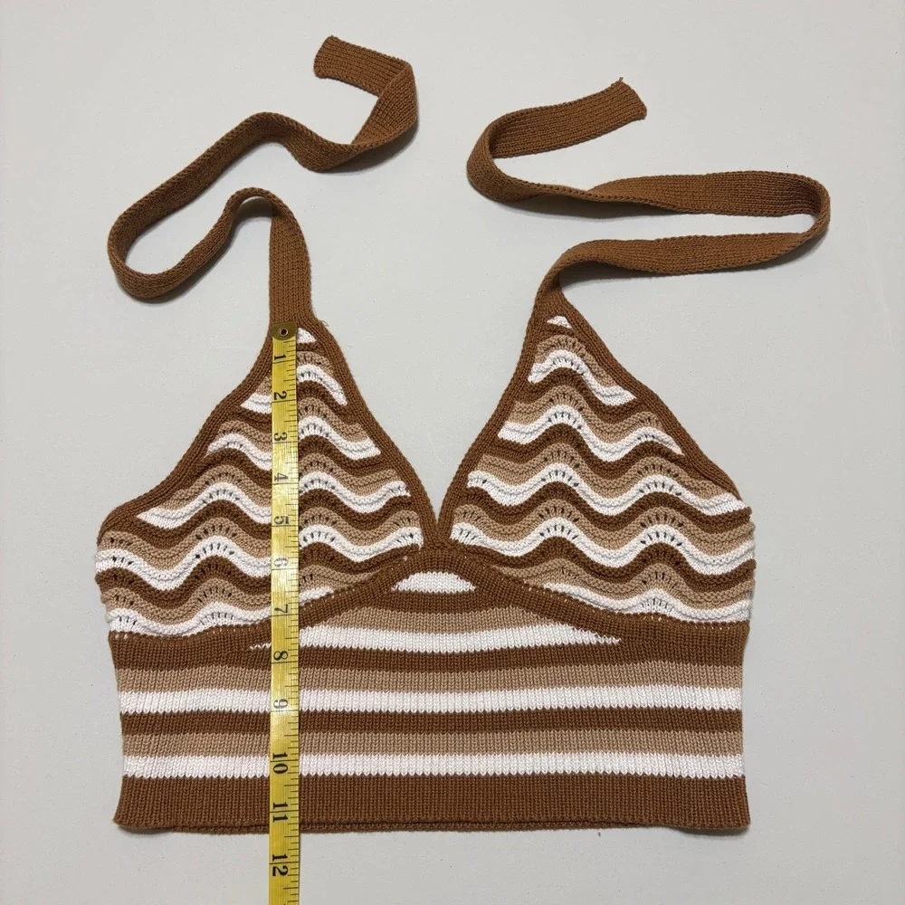 No Boundaries Chevron Striped Crochet Halter Crop Top Size M Brown Boho Festival